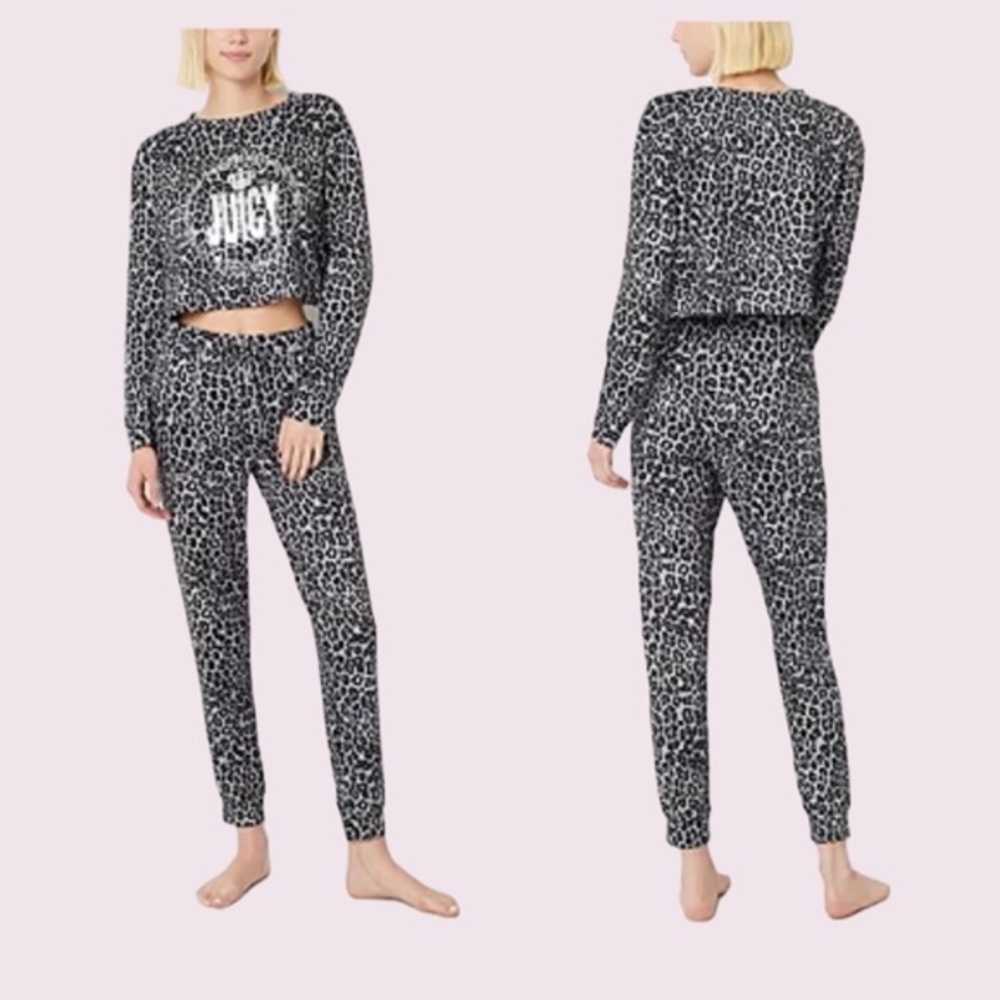 Juicy Couture Gray Leopard Cropped Top and Jogger Pajama Set